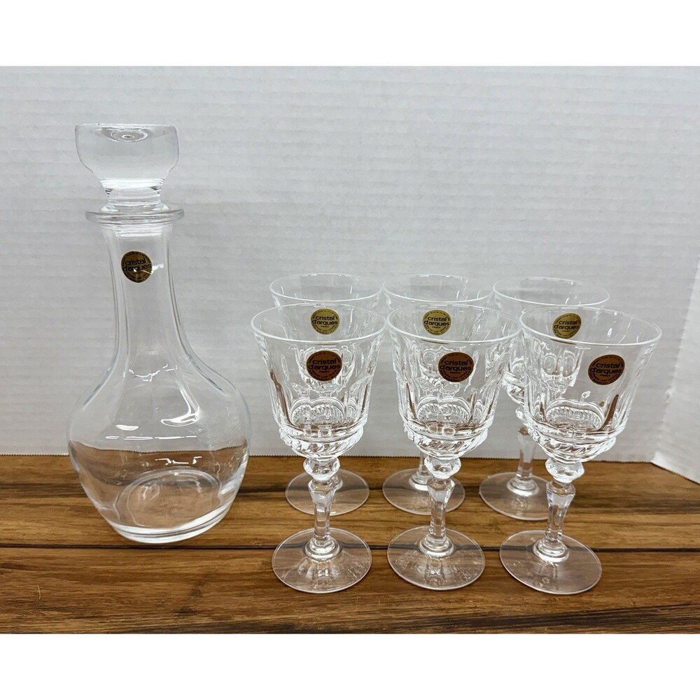 Cristal D’ Arques Decanter + Fontainebleau Water Goblet Set Of 6 Lead Crystal